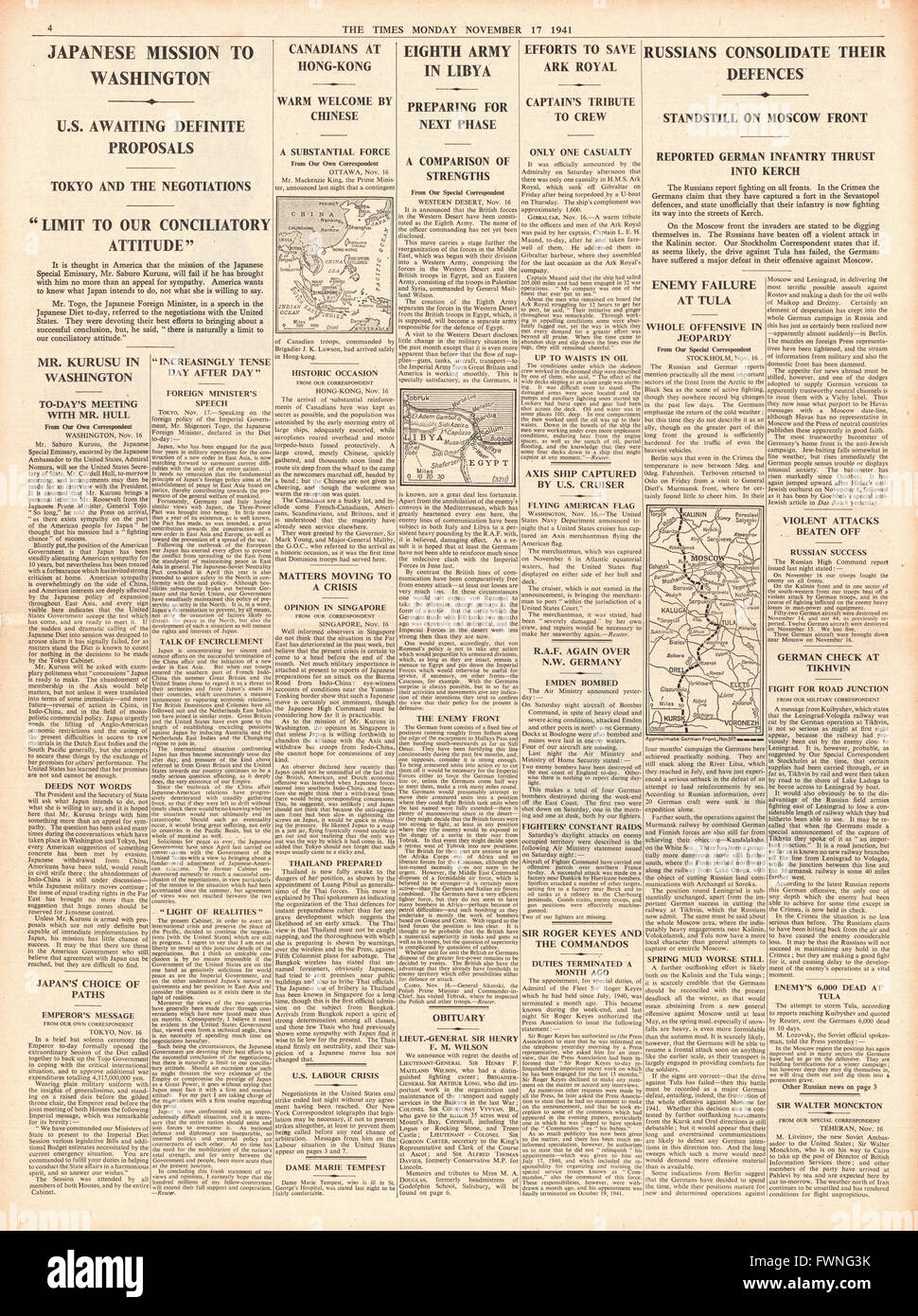 1941 page 4 The Times Japanese mission to Washington, Eighth Army in Libya and German Army capture Kerch Stock Photo