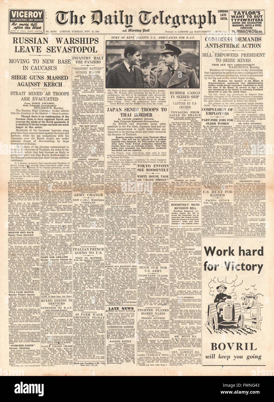 1941 front page Daily Telegraph Russian Warships leave Sebastopol, Japanese Troops on Thai Border and U.S. Congress demands Anti Strike Action Stock Photo