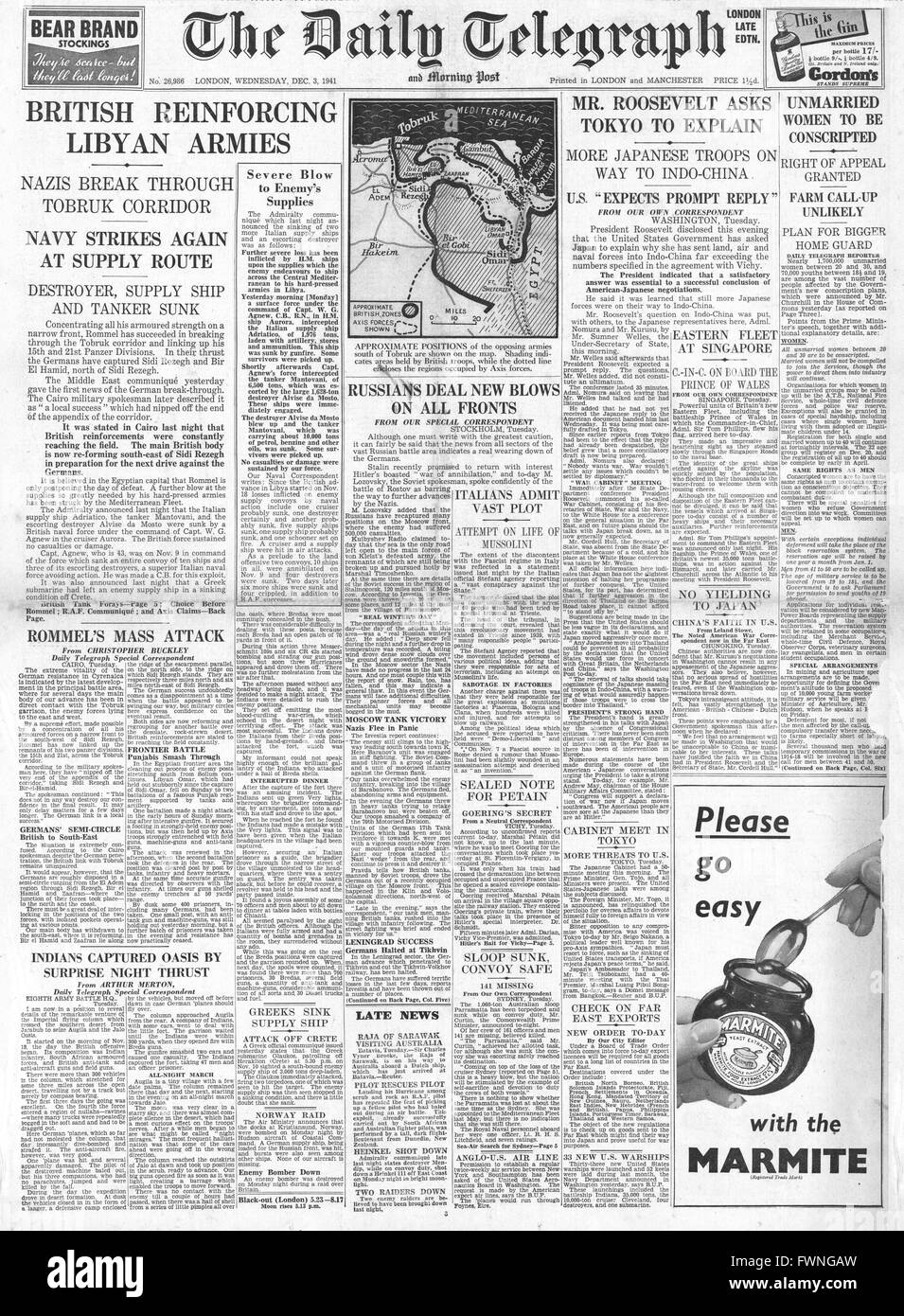 1941 front page Daily Telegraph Battle for Libya, Tobruk and Sidi Rezegh, Captain Agnew of HMS Aurora sinks Italian Shipping, Tension in the Pacific and Government conscription plans Stock Photo