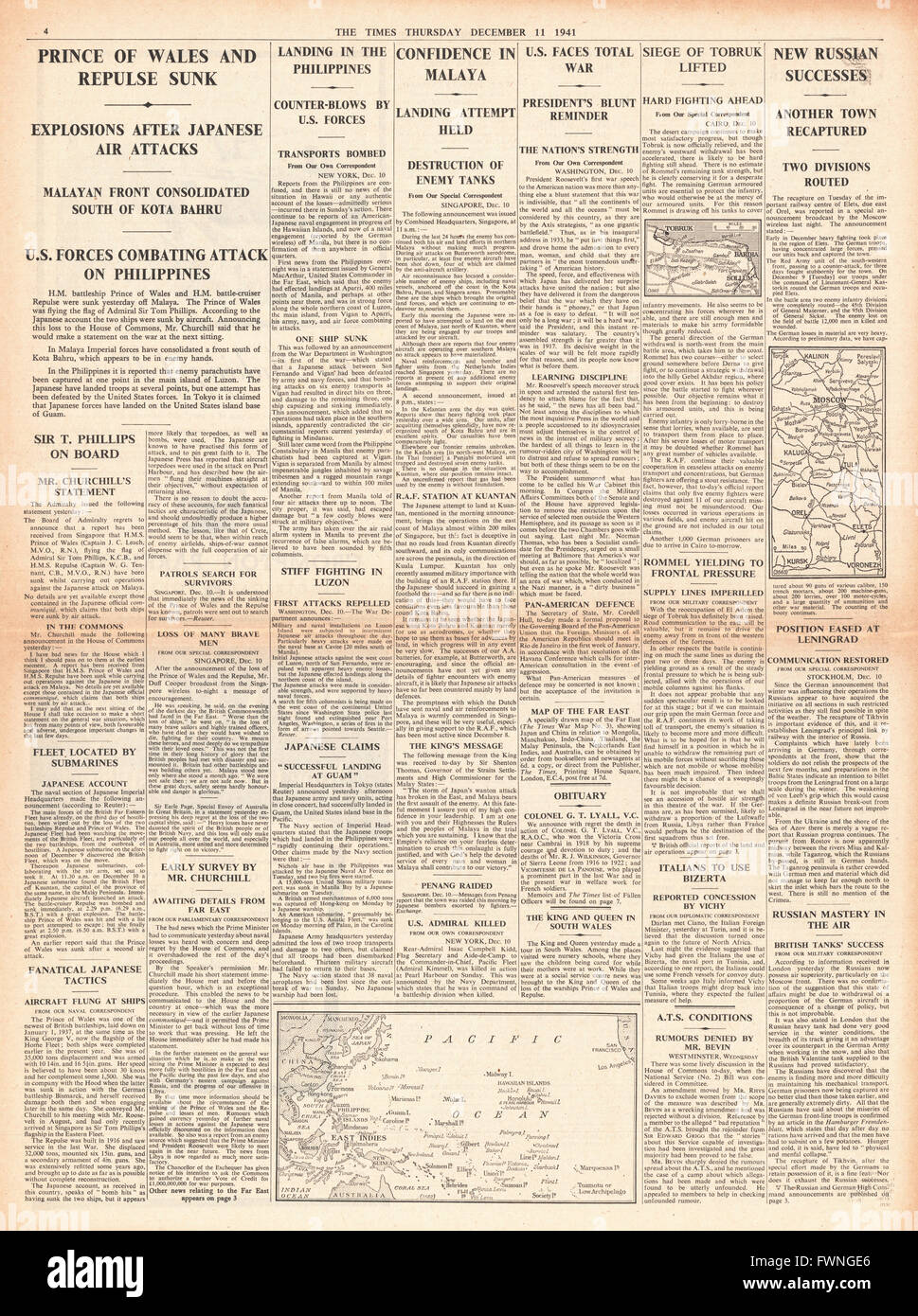 1941 page 4 The Times HMS Prince of Wales and HMS Repulse sunk, Japanese Forces land in Philippines, Battle in Malaya and siege of Tobruk Stock Photo