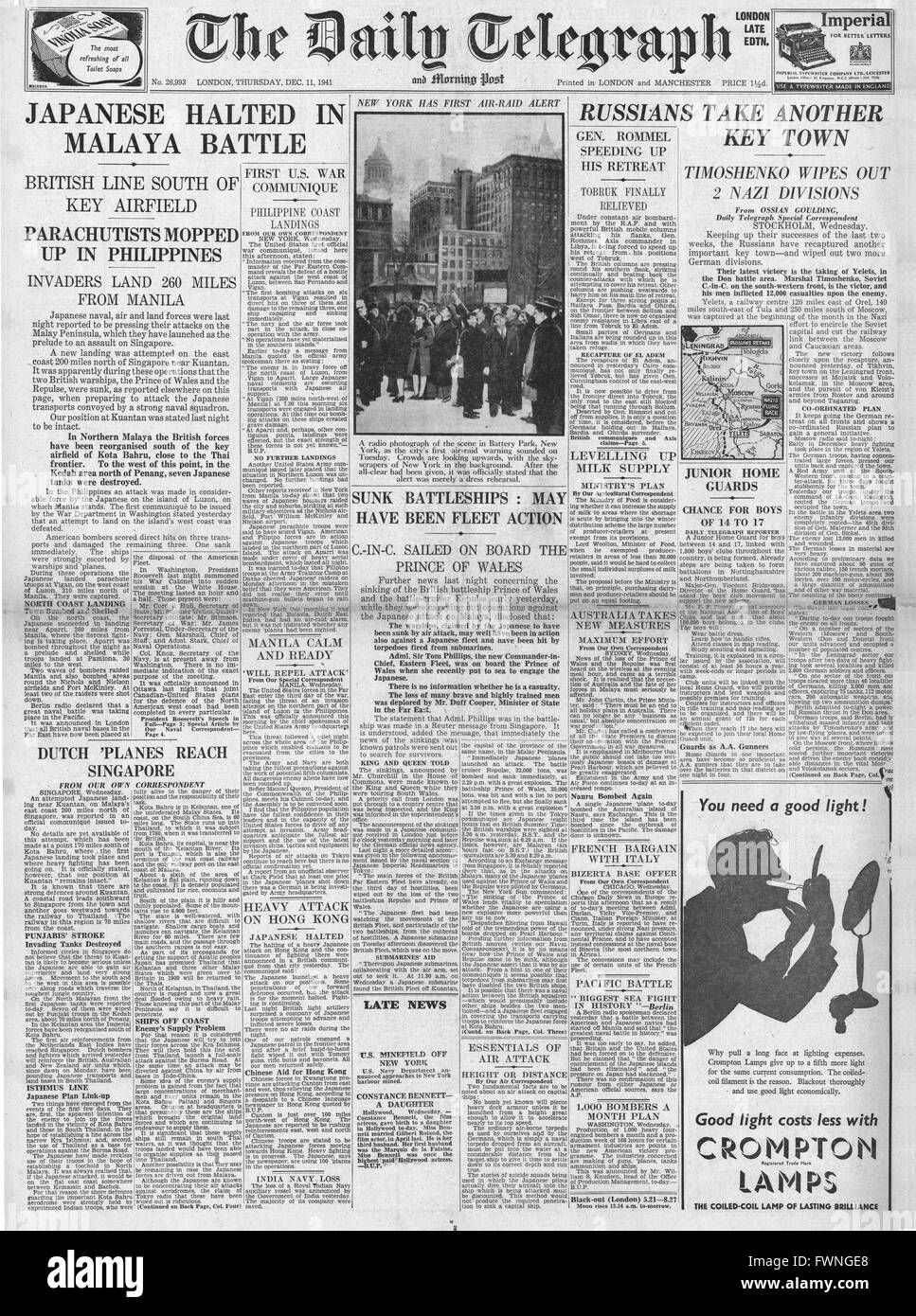 1941 front page Daily Telegraph British Forces hold Japanese Army in Malaya and sinking of HMS Prince of Wales and HMS Repulse Stock Photo