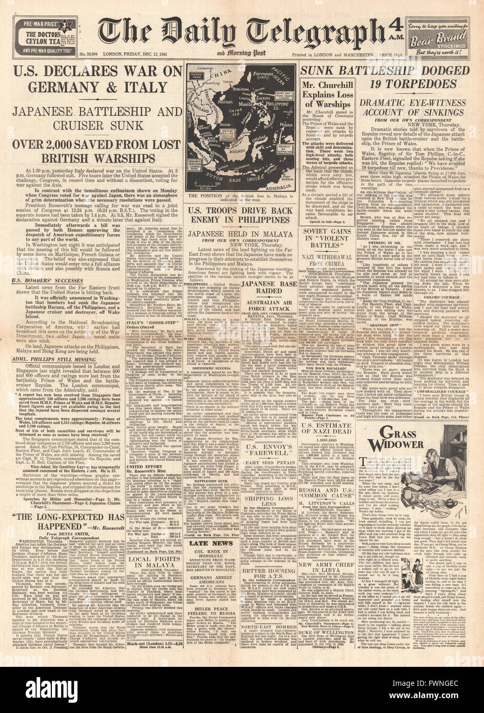 1941 front page Daily Telegraph U.S. Declares war on Germany and Italy, Battle of Wake Island, Japanese Forces held in the Philippines and Malaya and sinking of HMS Prince of Wales and HMS Repulse Stock Photo