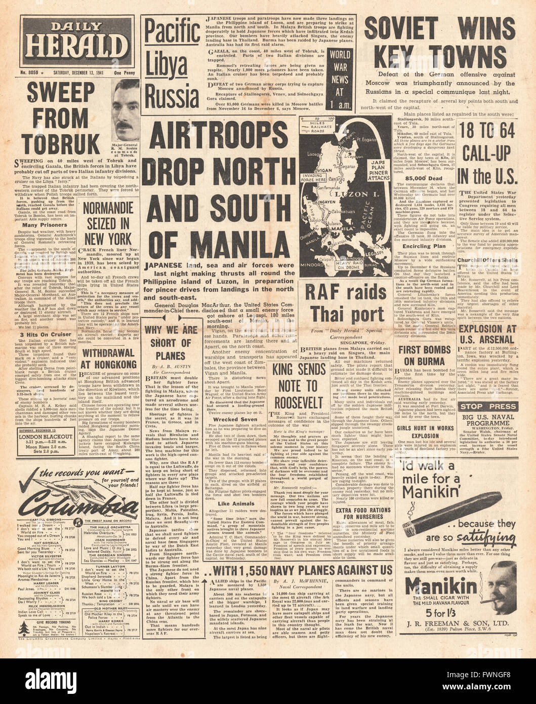 1941 front page Daily Herald Japanese Paratroopers land in Philippines, Battle for Tobruk and German Army fail to capture Moscow Stock Photo