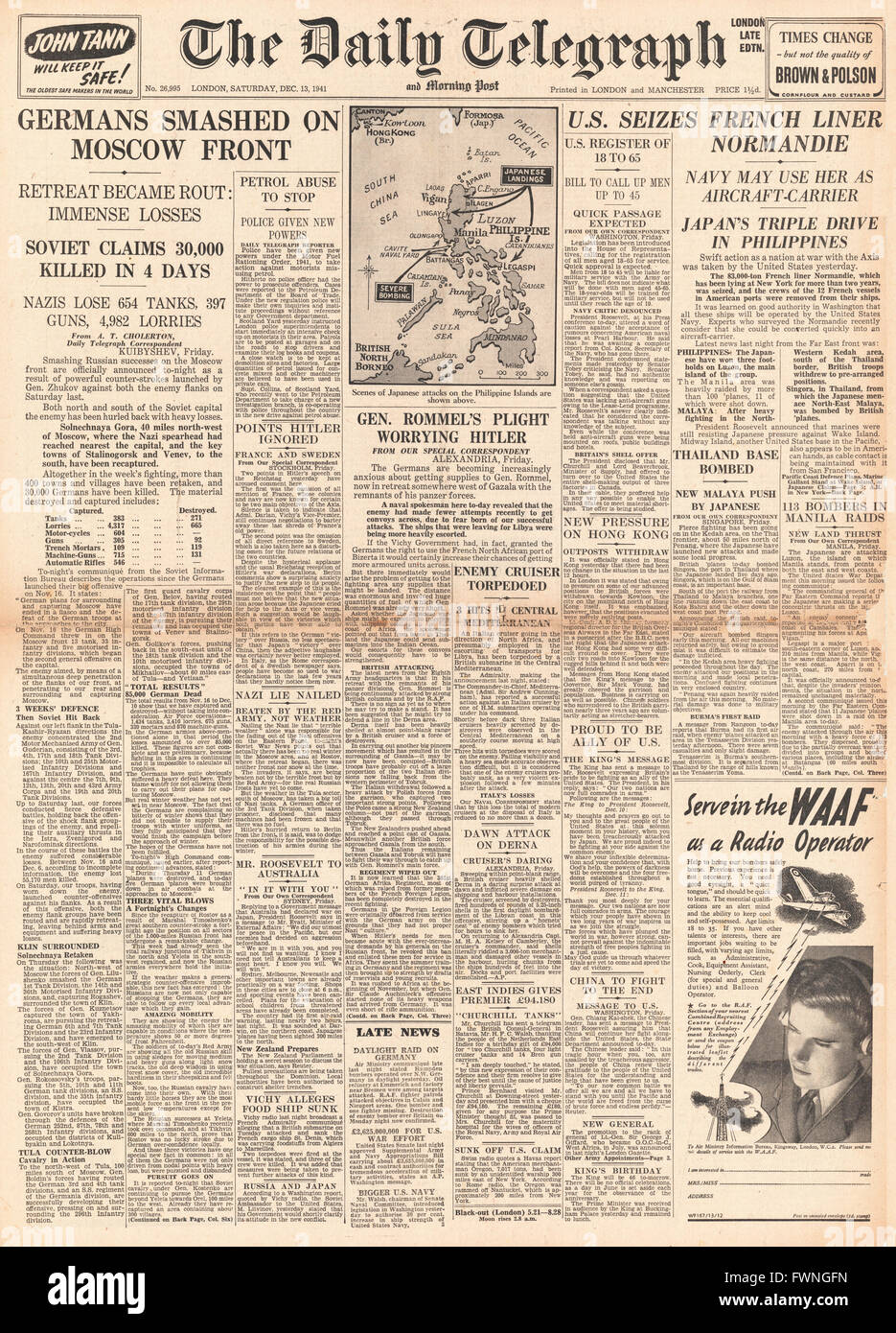1941 front page Daily Telegraph Russian Army defeat German Forces before Moscow, Battle for the Philippines and U.S. seizes French Liner Normandie in New York Stock Photo