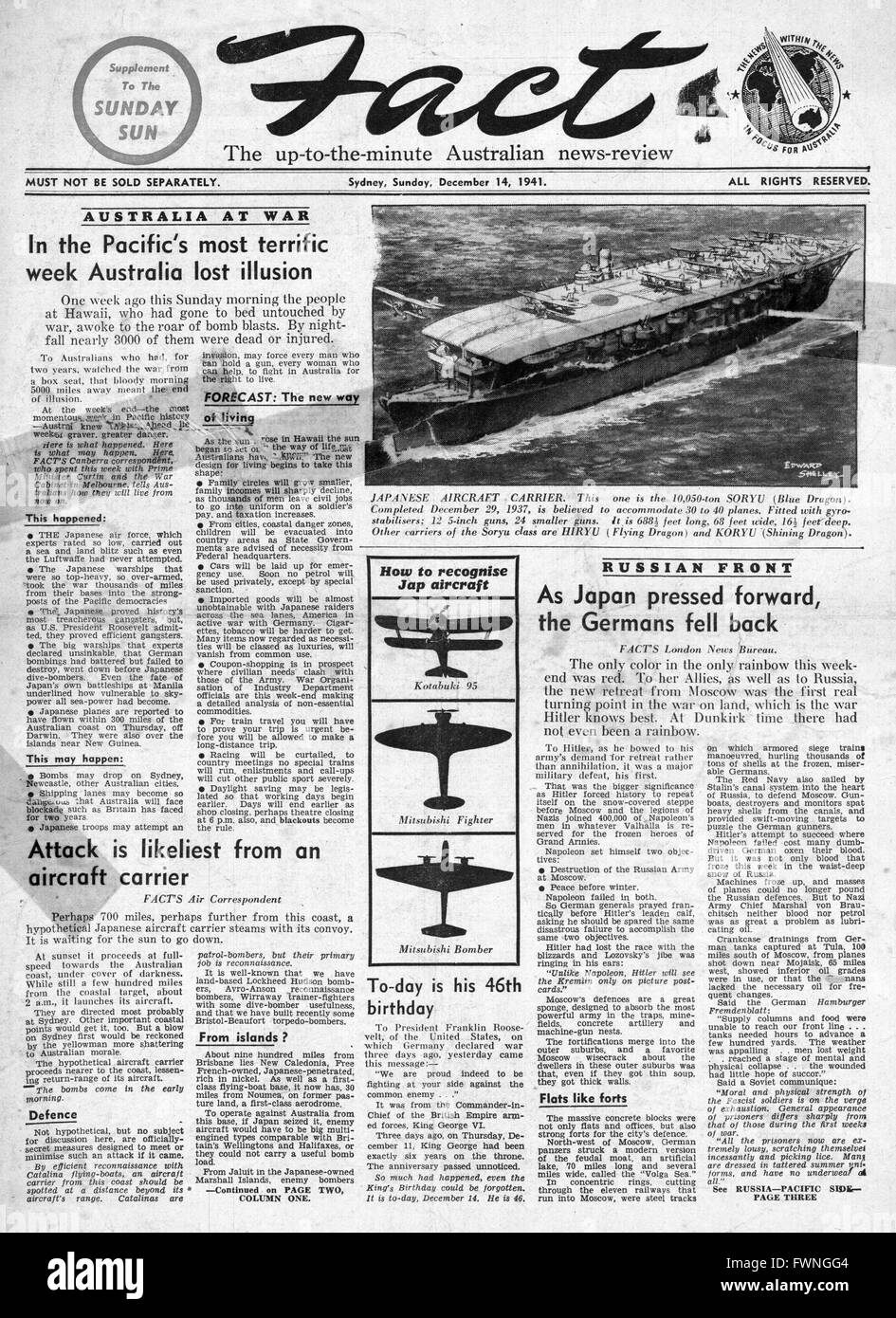 1941 front page Fact (Sydney) Australia at War and Japanese Aircraft Recognition drawings Stock Photo