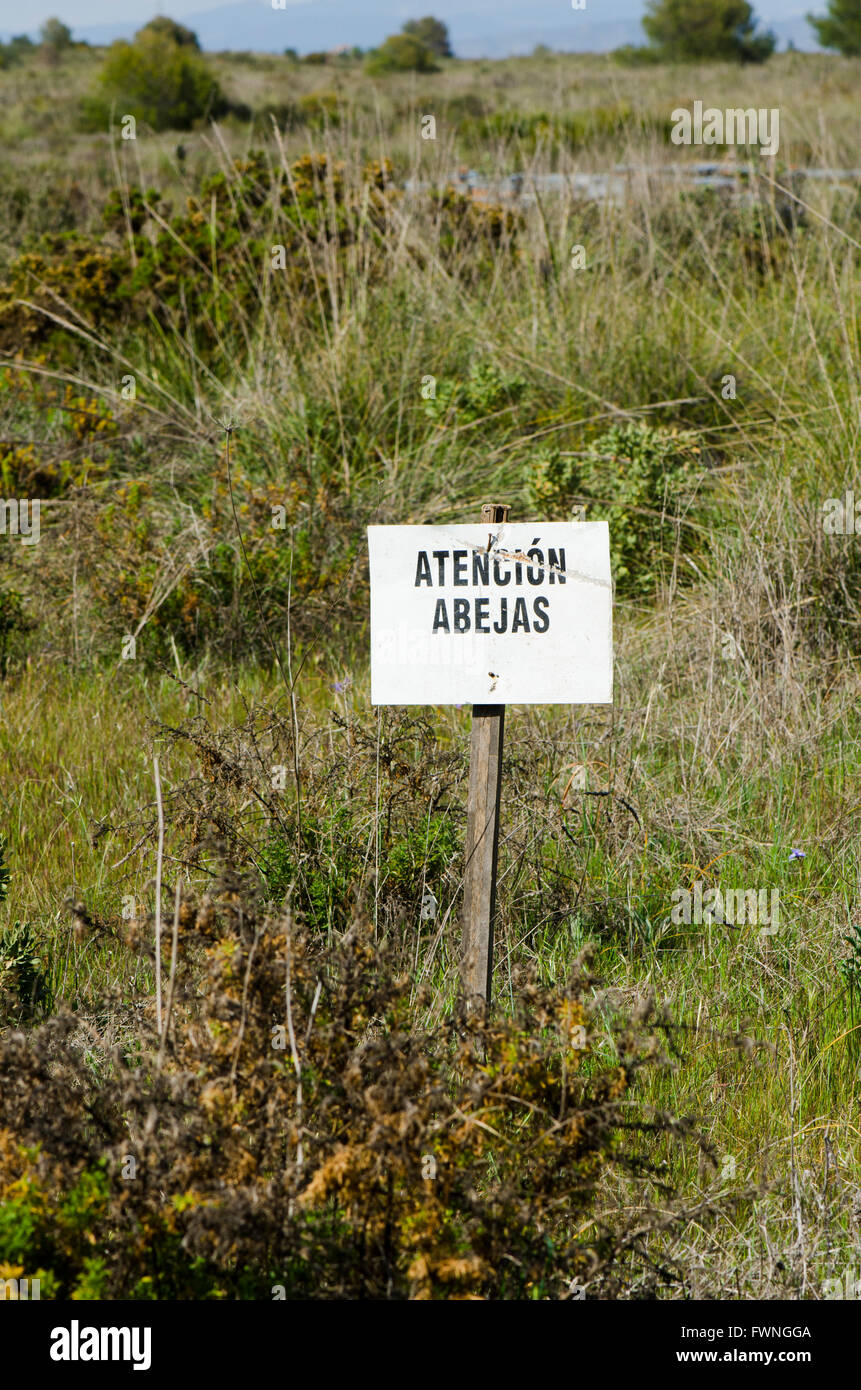Sign Caution bees in spanish, Atencion Abejas. Spain Stock Photo Alamy