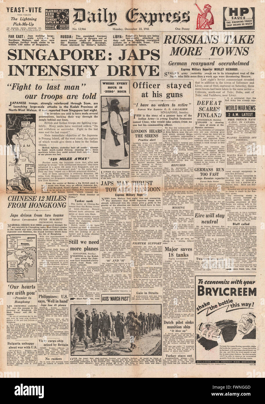 1941 front page Daily Express Japanese Army advance to Singapore and ...