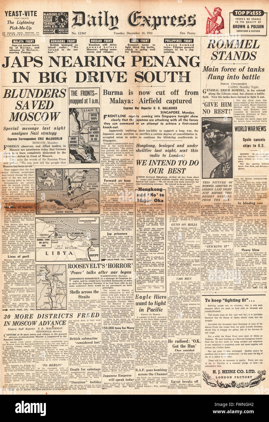 1941 front page Daily Express Japanese Army advance on Penang and Battle for Libya and Moscow Stock Photo