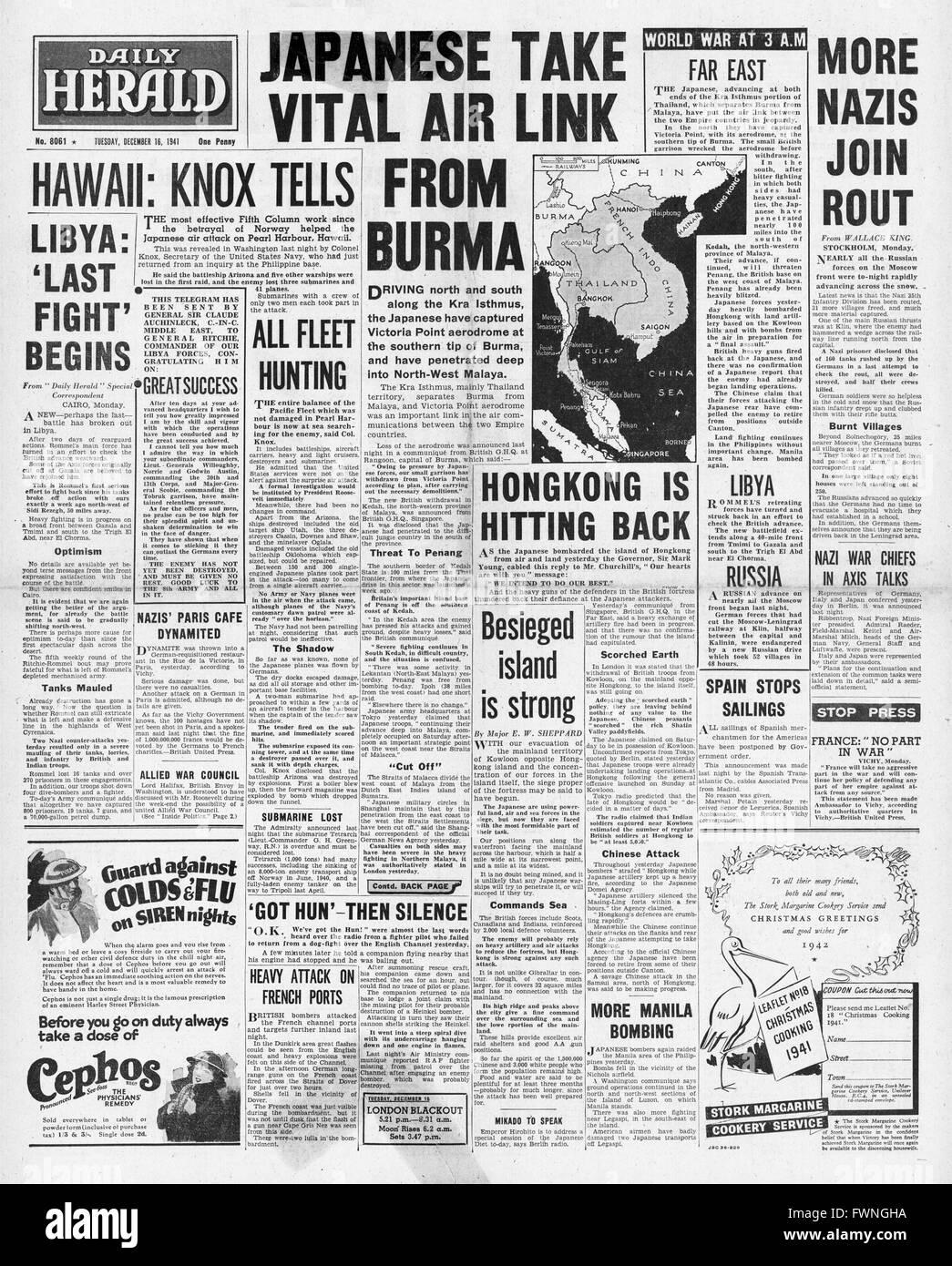 1941 front page Daily Herald Japanese Army capture Burma Airfield, Bombardment of Hong Kong and Battle for Libya Stock Photo