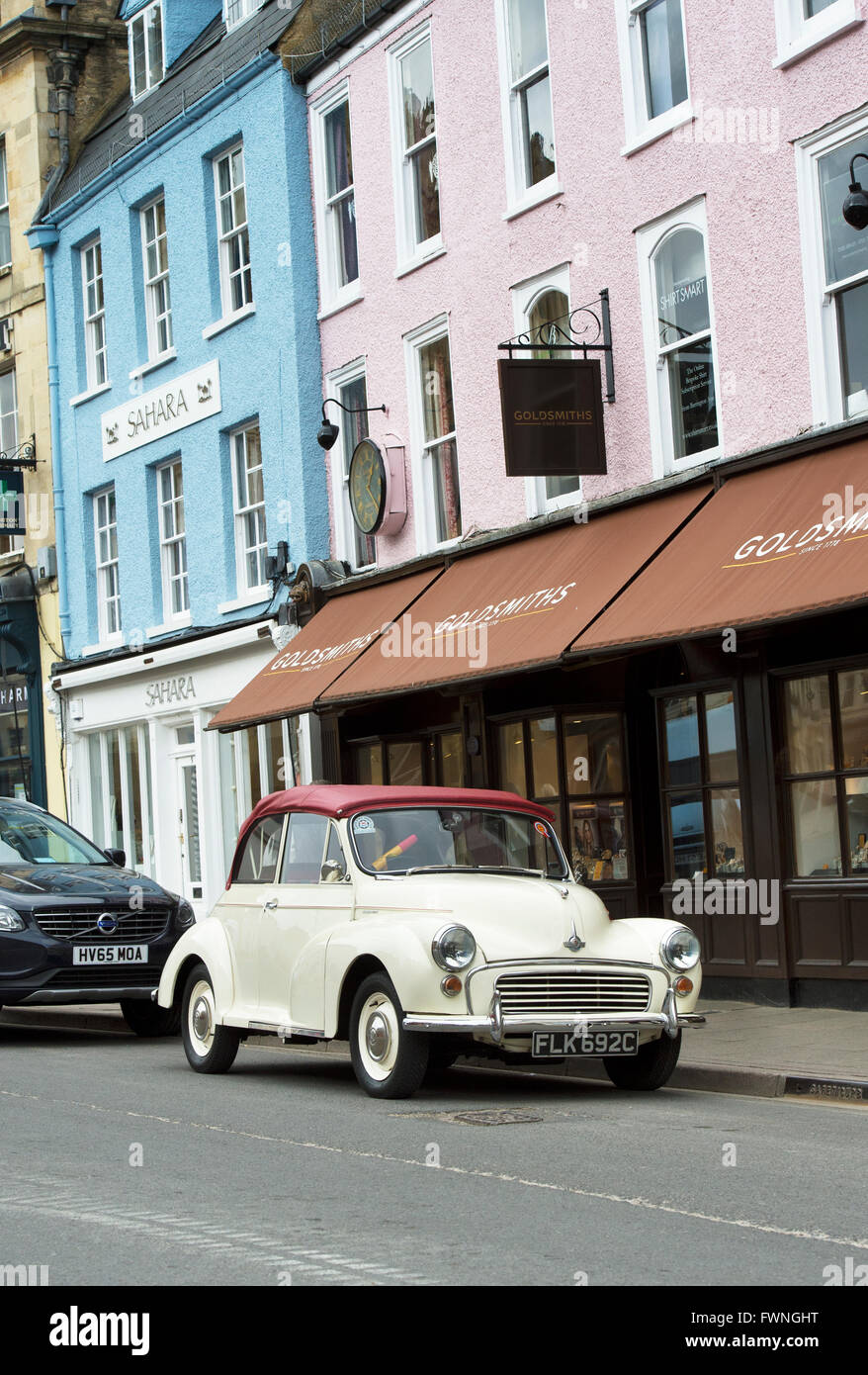 1965 Morris Minor 1000 Convertible car parked on Cirencester high street. Cotswolds, Gloucestershire, England Stock Photo
