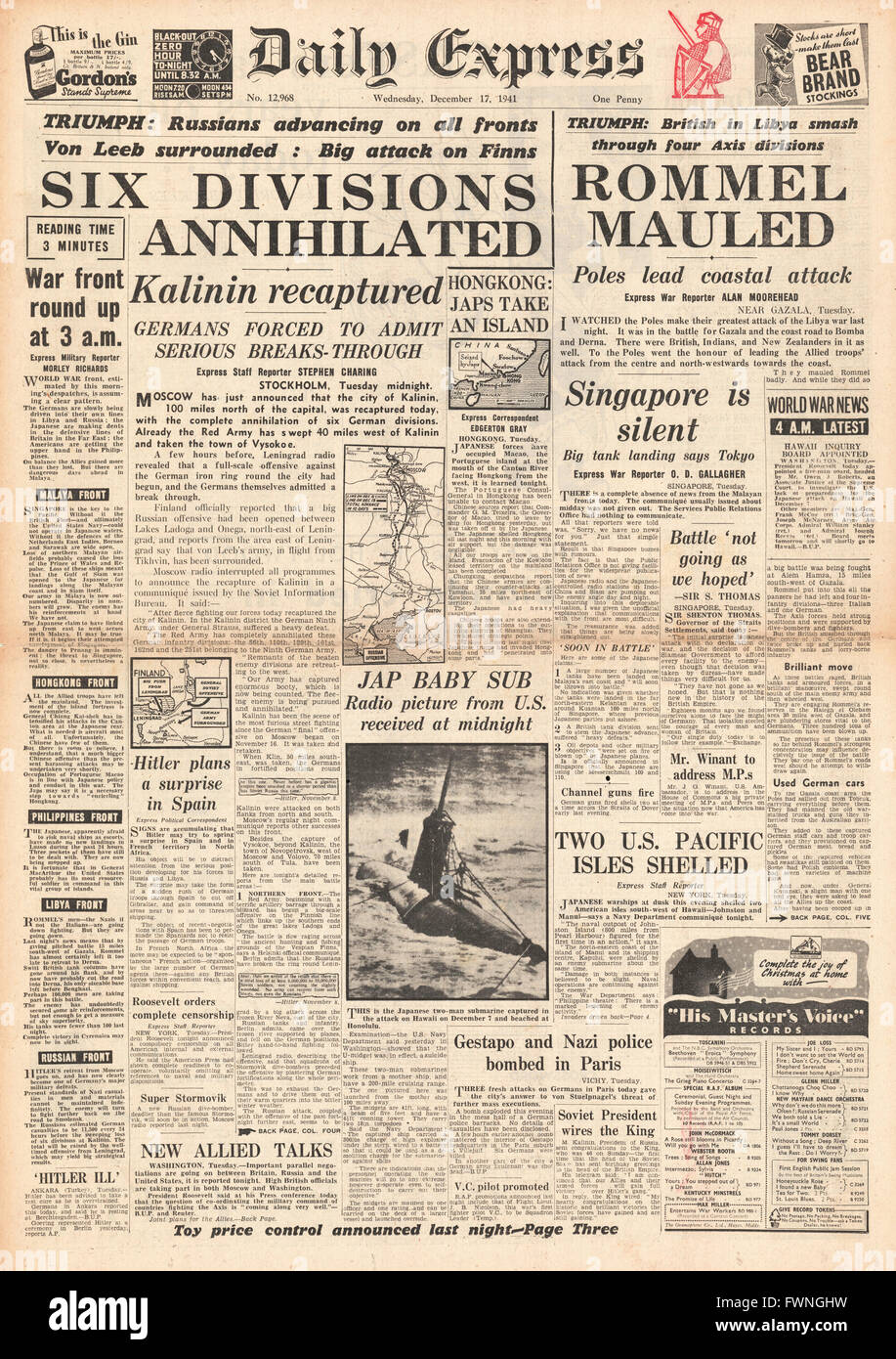 1941 front page Daily Express German Army defeated at Kalinin and Rommel's Africa Corps retreat in Libya Stock Photo