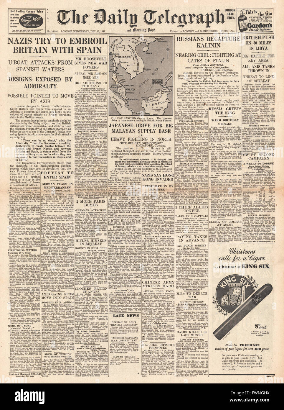1941 front page Daily Telegraph Spanish Cargo ship Badalona sunk by German Submarine U-453 Stock Photo