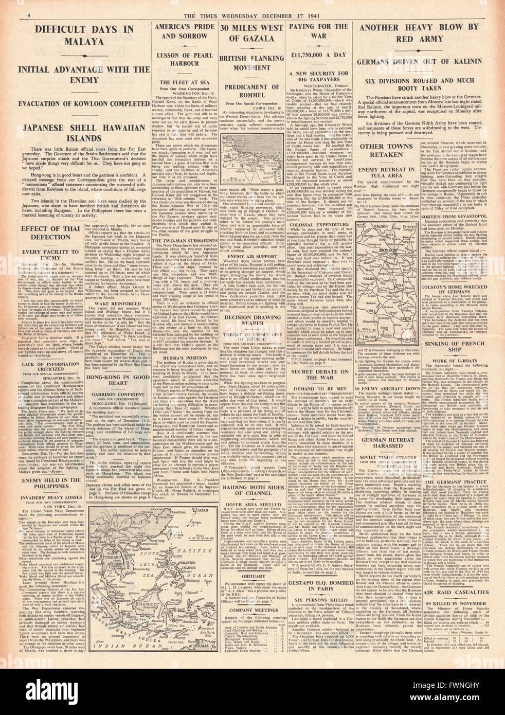 1941 page 4 The Times Battle for Malaya and Hong Kong, Russian Army recapture Kalinin and Battle for Libya Stock Photo