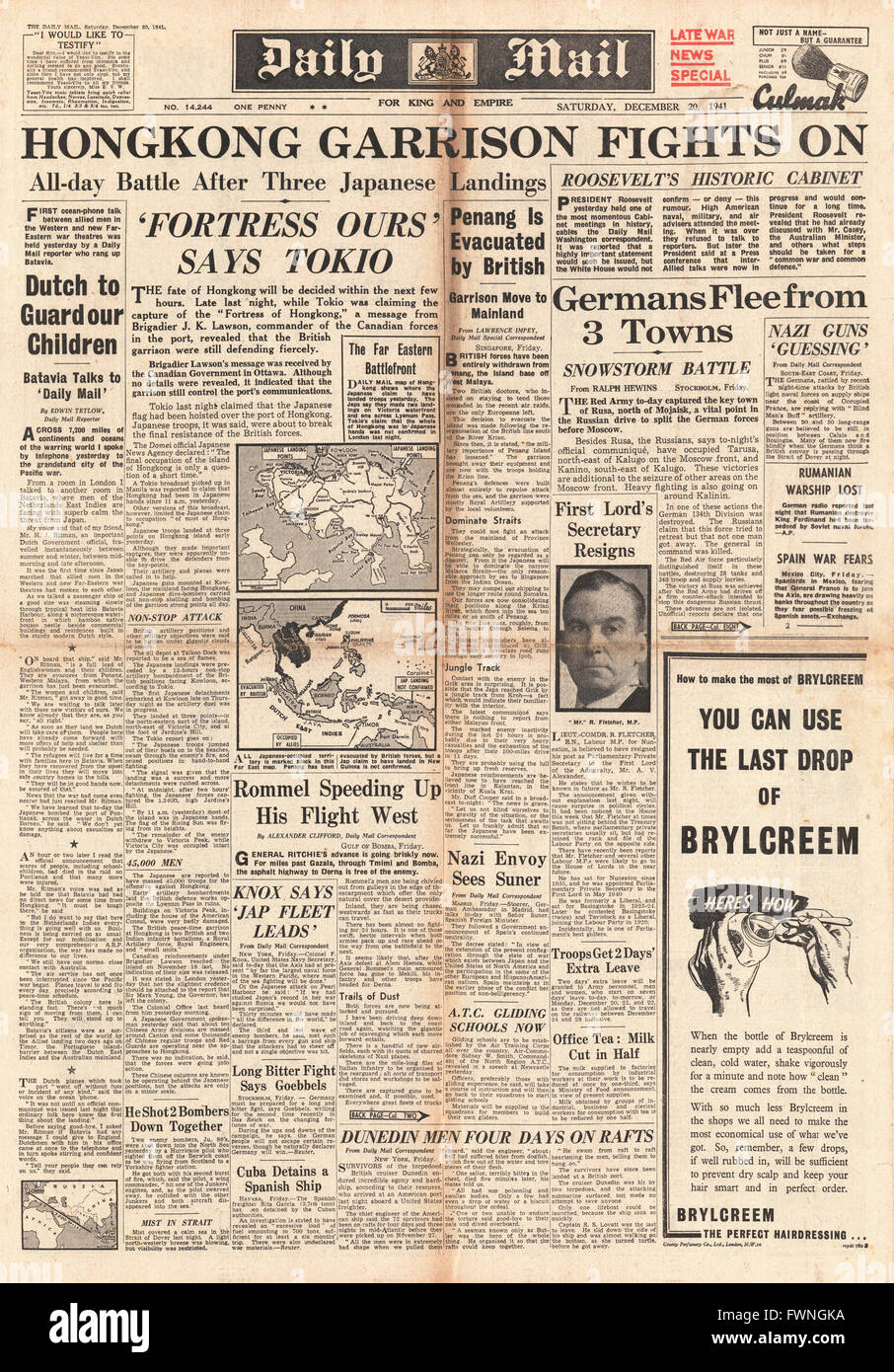 1941 front page Daily Mail Battle for Hong Kong Stock Photo