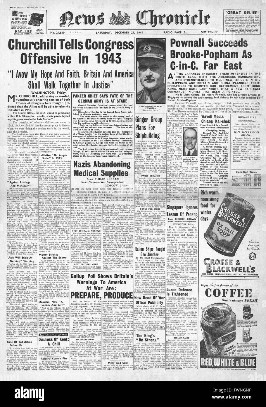 1941 front page News Chronicle Churchill addresses U.S. Congress,  Rommel retreats in Libya and General Sir Henry Pownall is appointed new Far East Commander in Chief Stock Photo