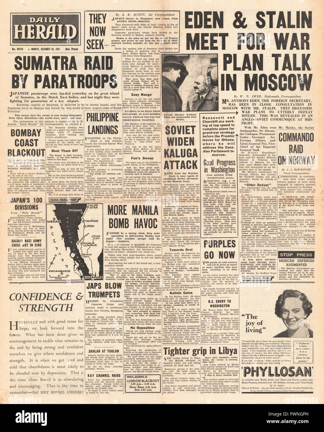 1941 front page Daily Herald Japanese Paratroopers invade Sumatra and Anthony Eden meets Soviet Ambassador Maisky Stock Photo