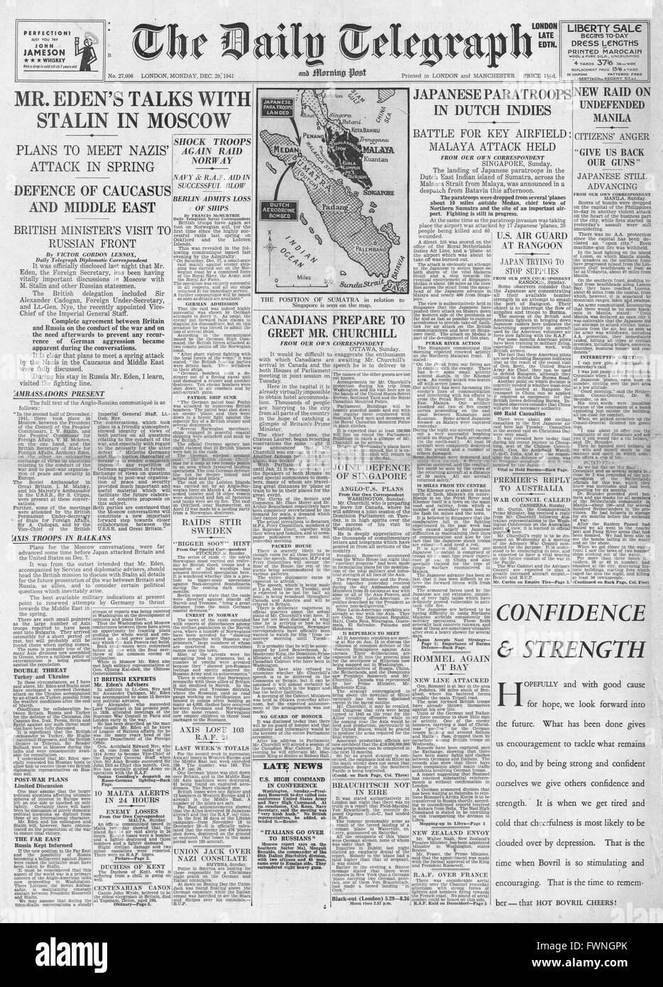 1941 front page Daily Telegraph Japanese Paratroopers invade Sumatra and Anthony Eden meets Soviet Ambassador Maisky Stock Photo
