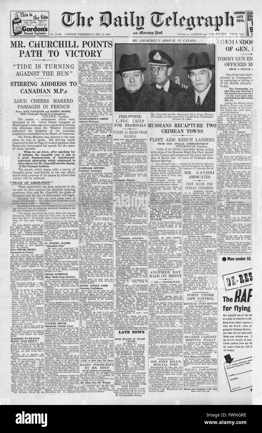 1941 front page Daily Telegraph Churchill address Canadian Parliament and Russian Army recapture Kerch and Feodosia Stock Photo