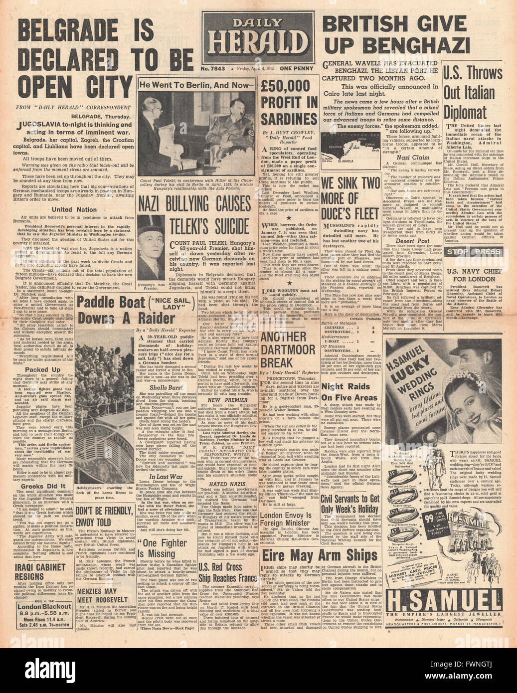 1941 front page Daily Herald Hungarian Premier Count Teleki Commits Suicide and British Forces give up Benghazi Stock Photo