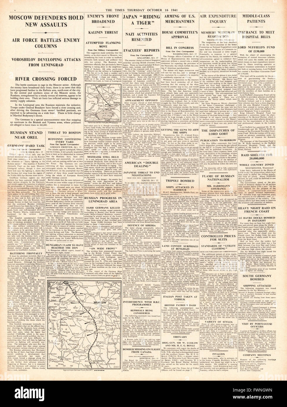 1941 front page The Times Battle for Moscow and U.S. ready to arm Merchant Ships Stock Photo