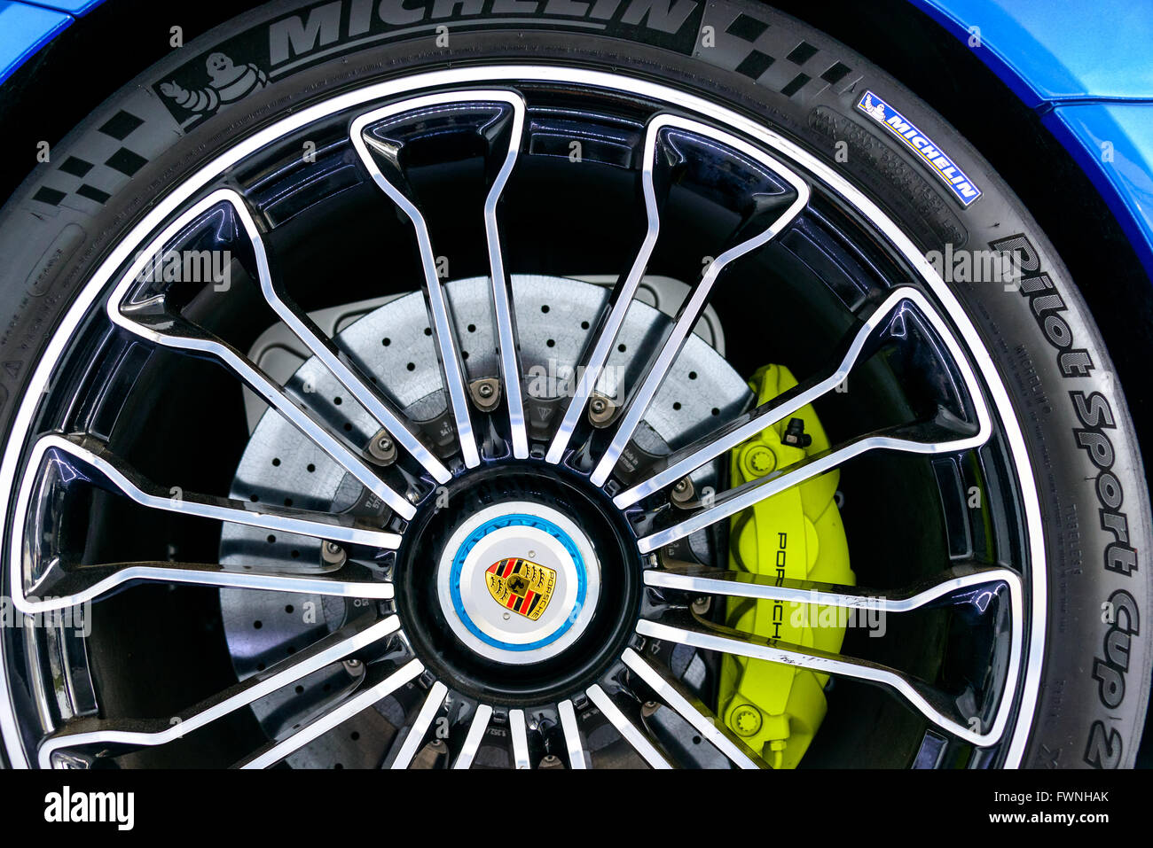 Closeup of a Porche 918 Spyder wheel, carbon ceramic brake system and Michelin tire Stock Photo