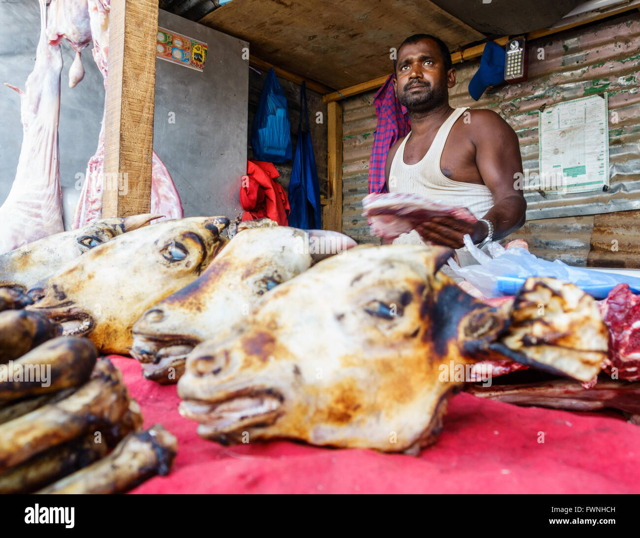 Circa October 2015 in Kathmandu, Nepal: A butcher cuts some goat meat. Stock Photo