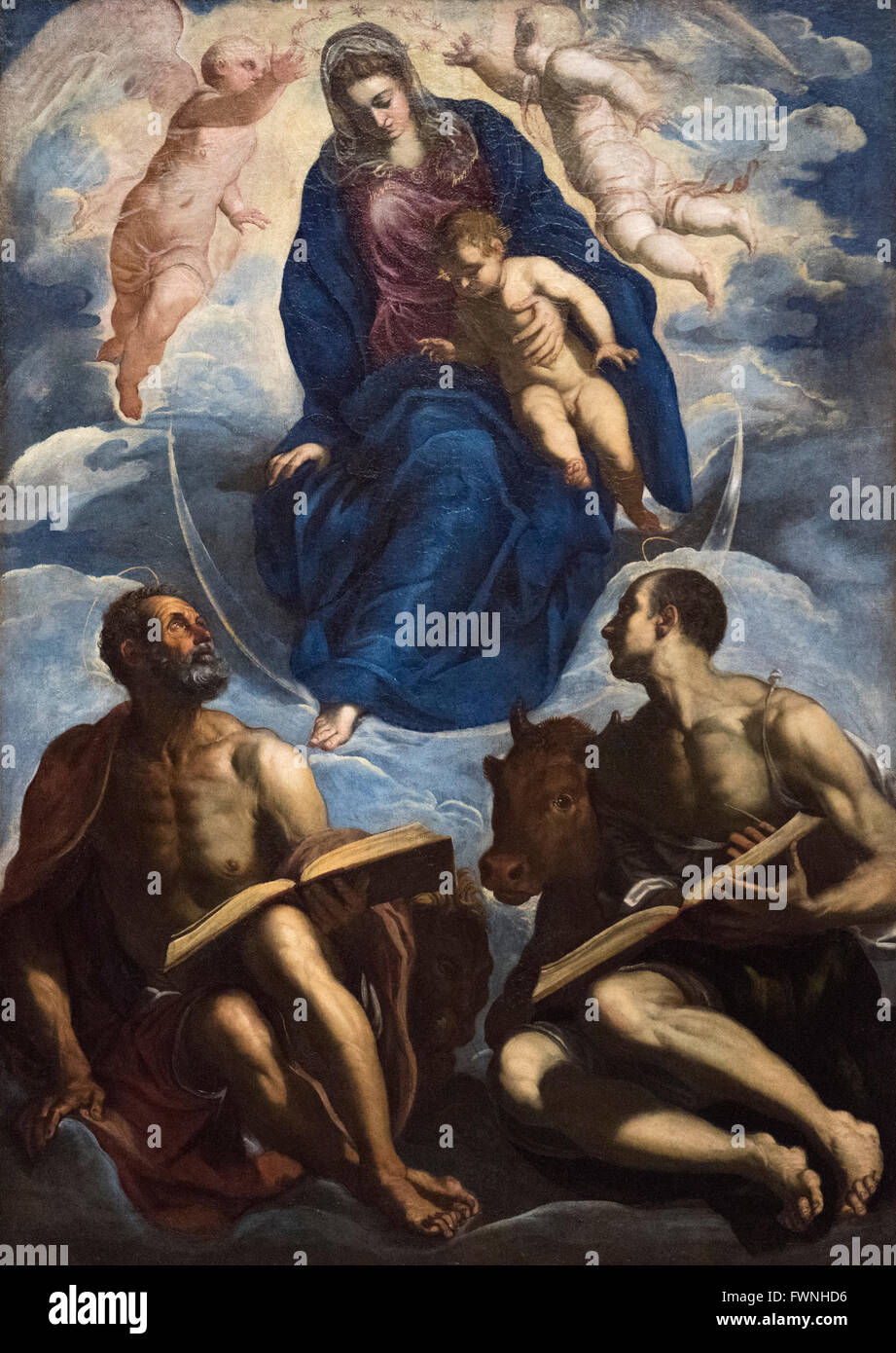 Tintoretto - Jacopo Robusti (1518-1594), Mary with the Child, Venerated by St Mark and St Luke, before 1570. Stock Photo