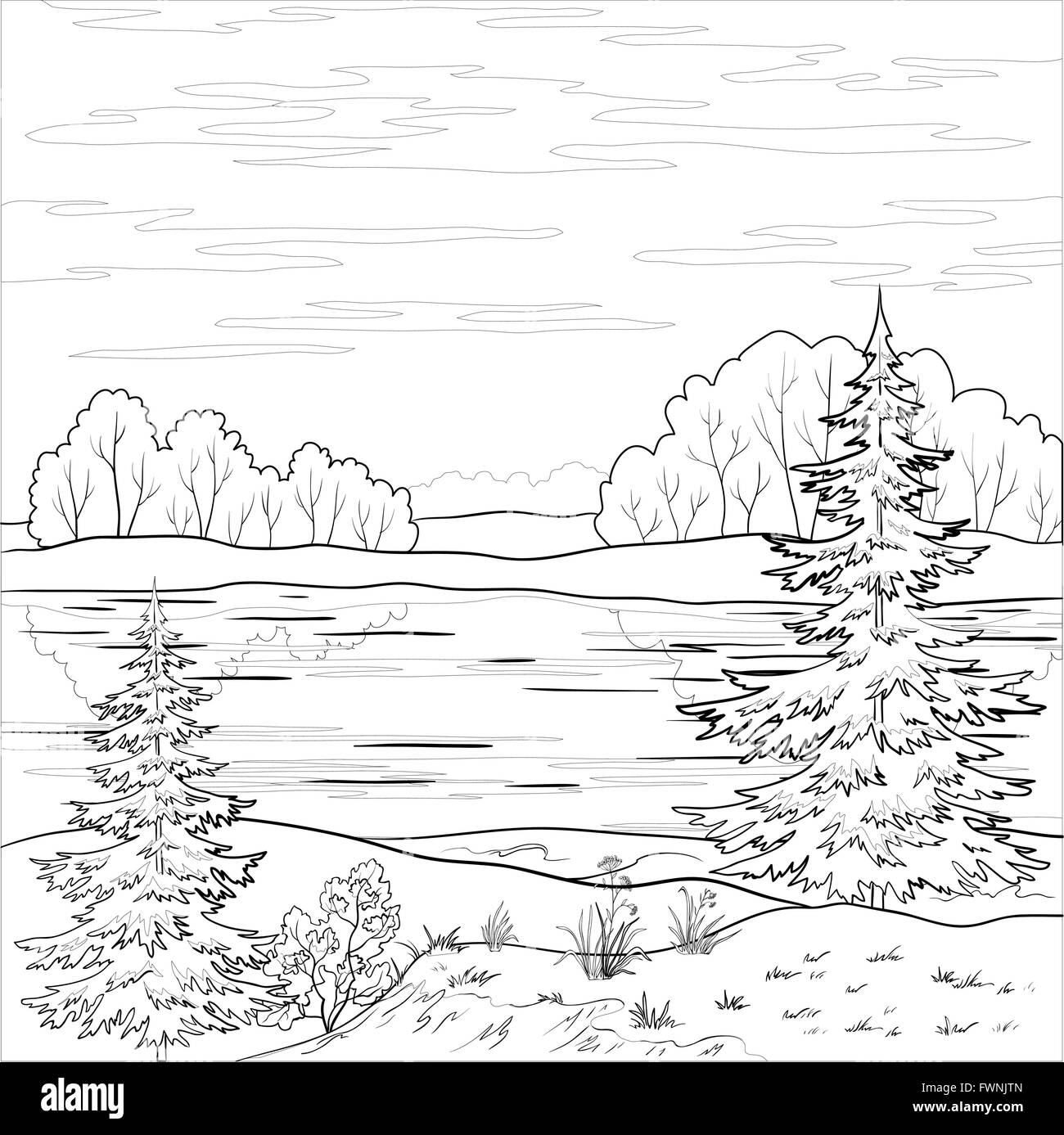 Landscape. Forest river, outline Stock Vector Image & Art - Alamy