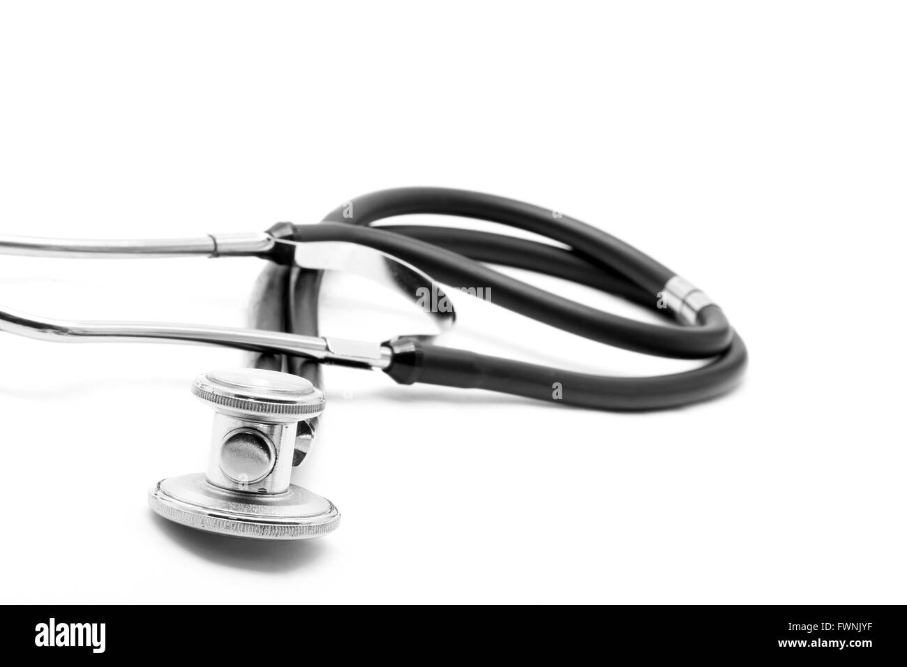 perspective of stethoscope on white background (focus at front) Stock Photo
