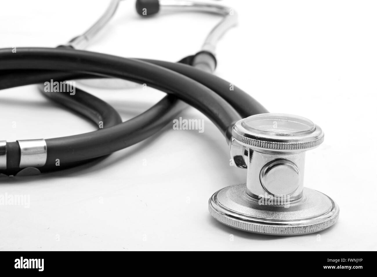 perspective of stethoscope on white background (focus st front) Stock Photo