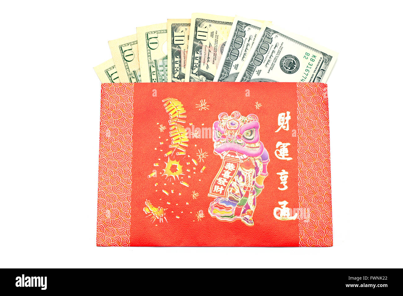 Red envelope isolated on white background with dollar money for