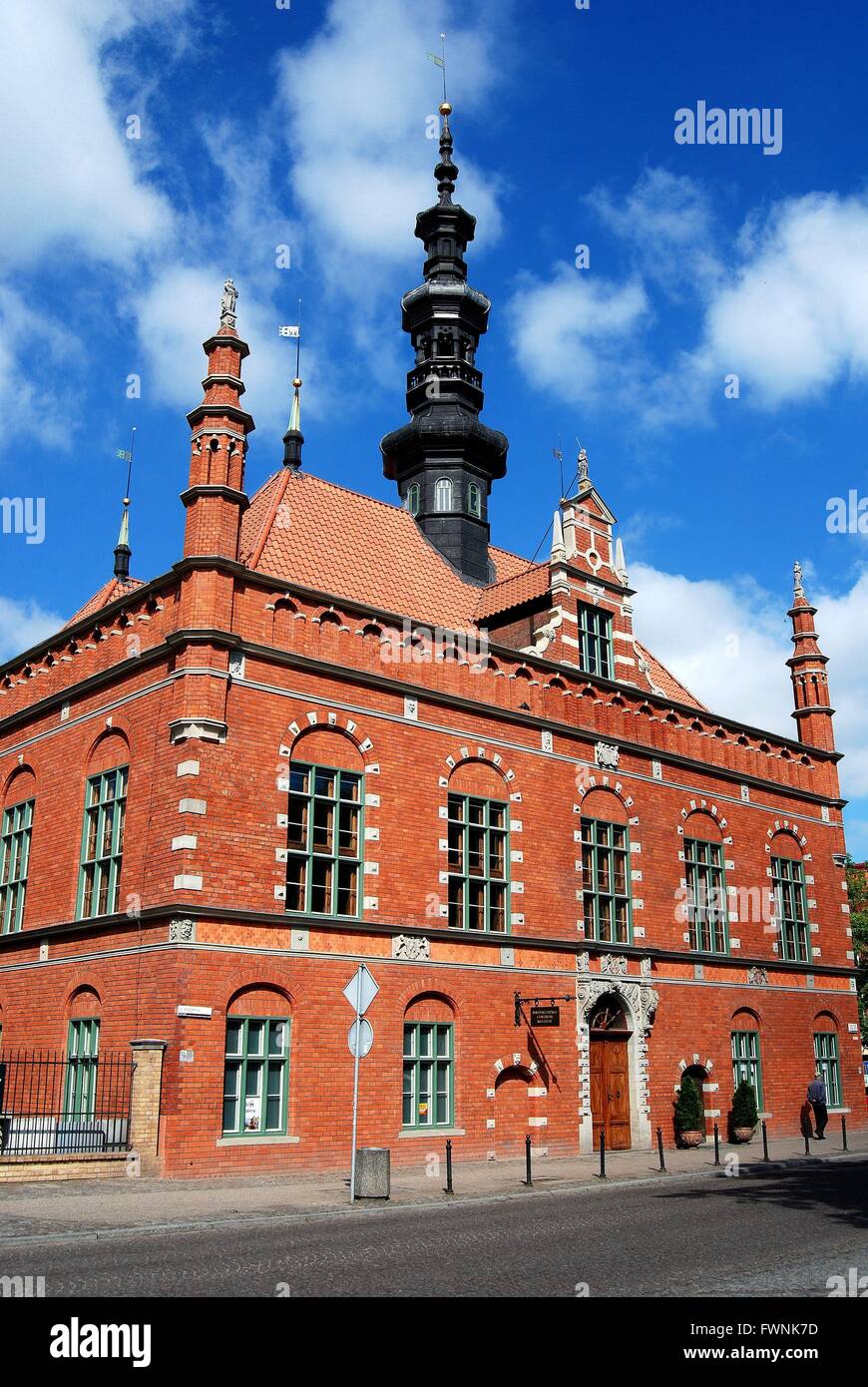 Gdansk, Poland:  Renaissance red brick Ratusz town hall with ornamental steeple Stock Photo