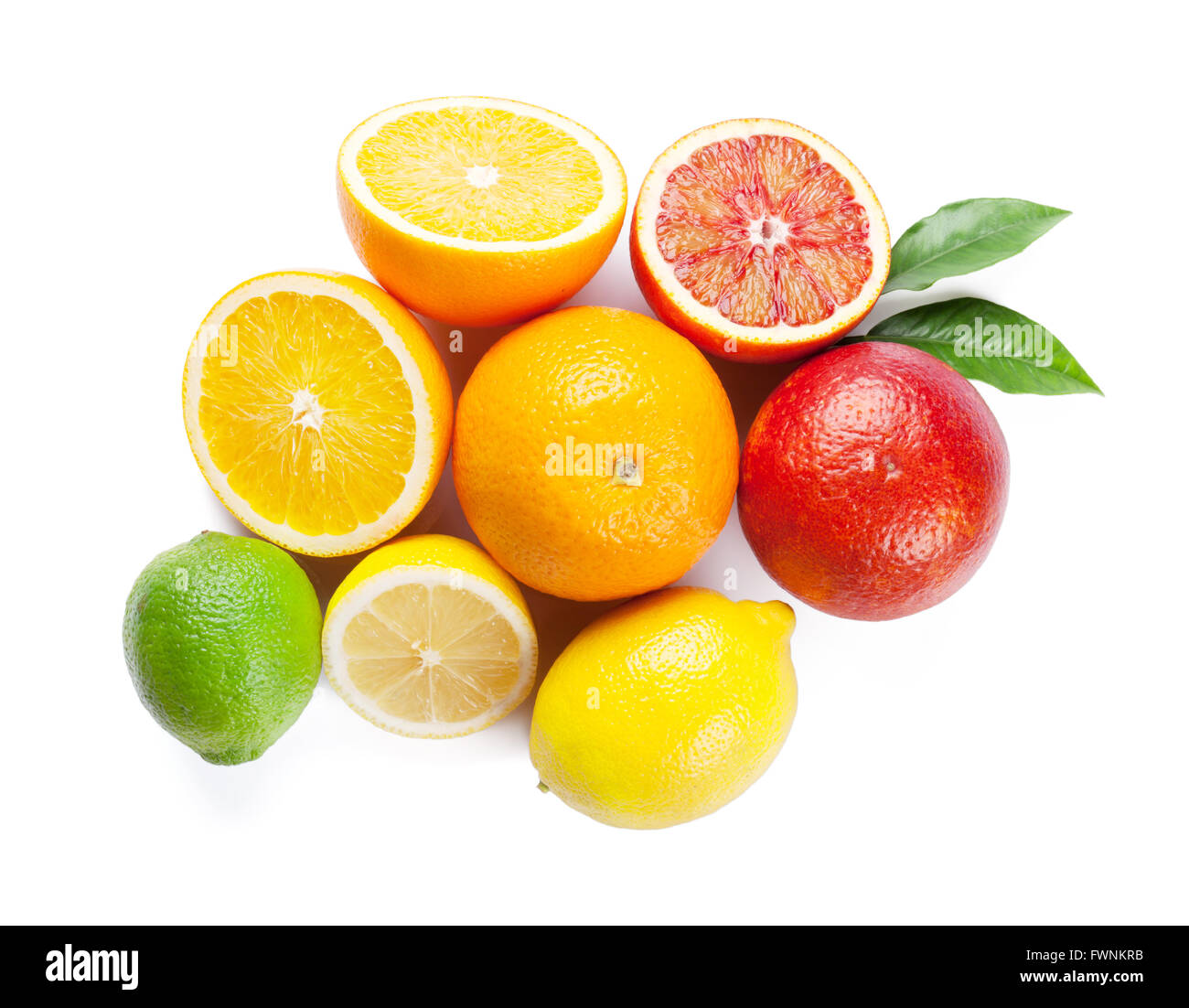 Fresh ripe citruses. Lemons, limes and oranges. Isolated on white background. Top view Stock Photo