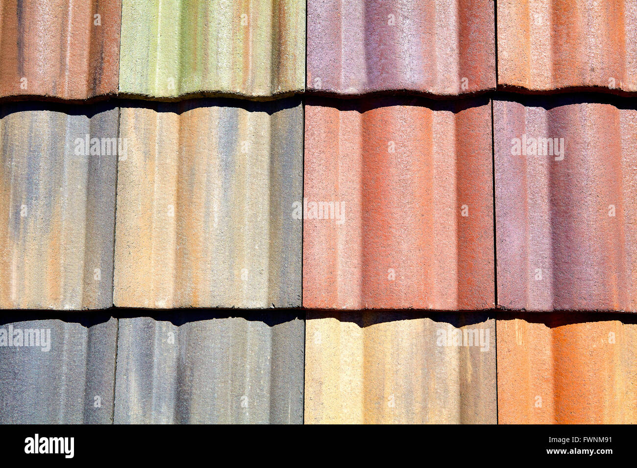 concrete roofing tiles in sample colors and patterns, tile, home, homebuilding, manufacturing, building, industry, building indu Stock Photo