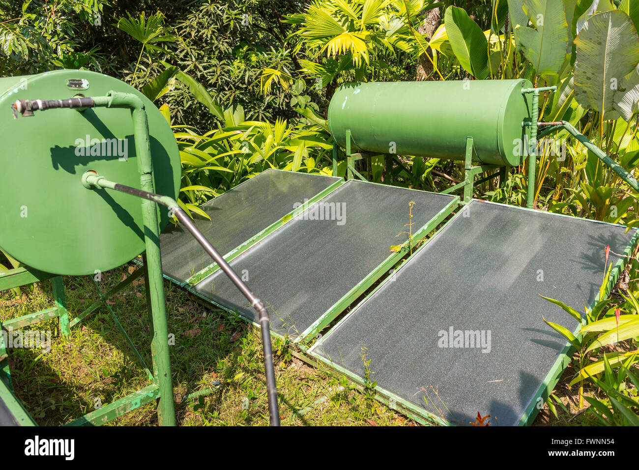OSA PENINSULA, COSTA RICA - Solar hot water heater at eco-lodge, in the rain forest. Stock Photo