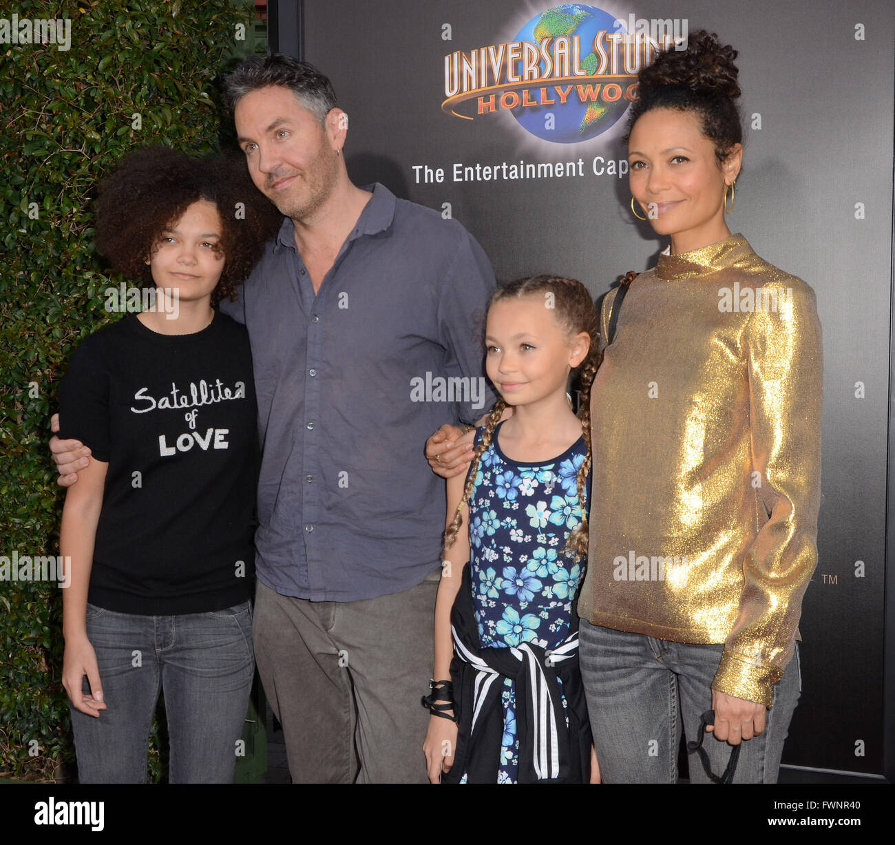 Universal City, CA, USA. 5th Apr, 2016. 05 April 2016 - Universal City, California - Ripley Parker, Ol Parker, Nico Parker, Thandie Newton. Arrivals for Universal Studios' ''Wizarding World of Harry Potter Opening'' held at Universal Studios Hollywood. Photo Credit: Birdie Thompson/AdMedia Credit:  Birdie Thompson/AdMedia/ZUMA Wire/Alamy Live News Stock Photo