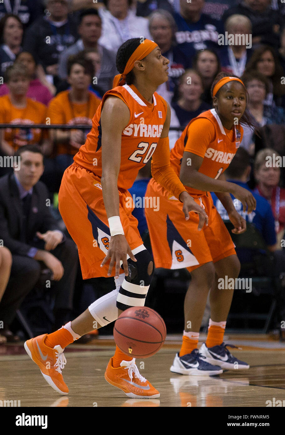 April 05, 2016: Syracuse guard Brittney Sykes (20) dribbles the ball during NCAA Basketball game action between the Syracuse Orange and the Connecticut Huskies at Bankers Life Fieldhouse in Indianapolis, Indiana. Connecticut defeated Syracuse 82-51. John Mersits/CSM Stock Photo