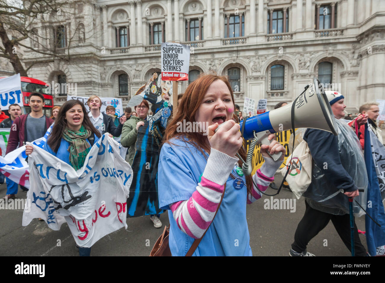 London, UK. 6th April, 2016. Danielle Tiplady, President of King’s College London Nursing and Midwifery Society leads the 'Bursary or Bust' march across Whitehall to the Department of Health, where others are waiting for them. NHS students need bursaries as their long hours of study and placements prevent them taking part-time jobs; they deserve them because their placements involve real work in hospitals and are a vital source of labour for the NHS. Peter Marshall/Alamy Live News Stock Photo