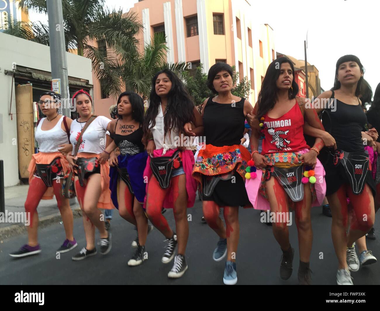 Lima, Peru. 05th Apr, 2016. Women with symbolic red paint on their legs demonstrate to demand that the policy of sterilization under the presidency of Alberto Fujimori in the 1990s be addressed in Lima, Peru, 05 April 2016. Photo: GEORG ISMAR/dpa/Alamy Live News Stock Photo