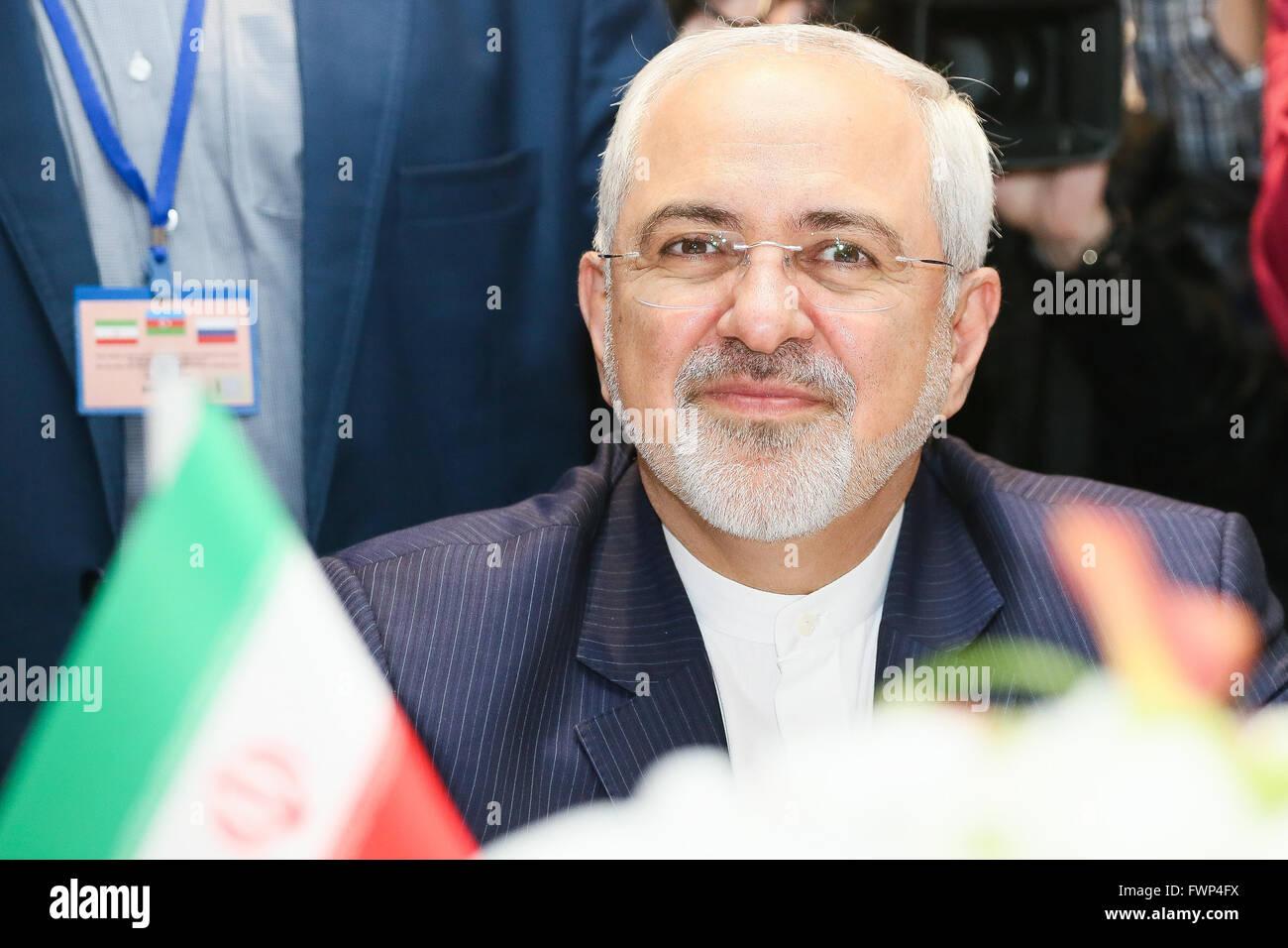 Baku, Azerbaijan. 07th Apr, 2016. Iran's Foreign Minister Mohammad Javad Zarif (C) looks on during a trilateral meeting with Azerbaijan's Foreign Minister Elmar Mammadyarov and Russia's Foreign Minister Sergei Lavrov (not in picture). Credit:  Aziz Karimov/Pacific Press/Alamy Live News Stock Photo