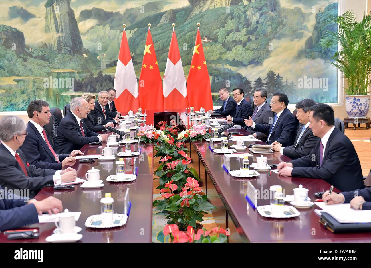 Beijing, China. 7th Apr, 2016. Chinese Premier Li Keqiang meets with Swiss President Johann Schneider-Ammann in Beijing, China, April 7, 2016. Credit:  Li Tao/Xinhua/Alamy Live News Stock Photo