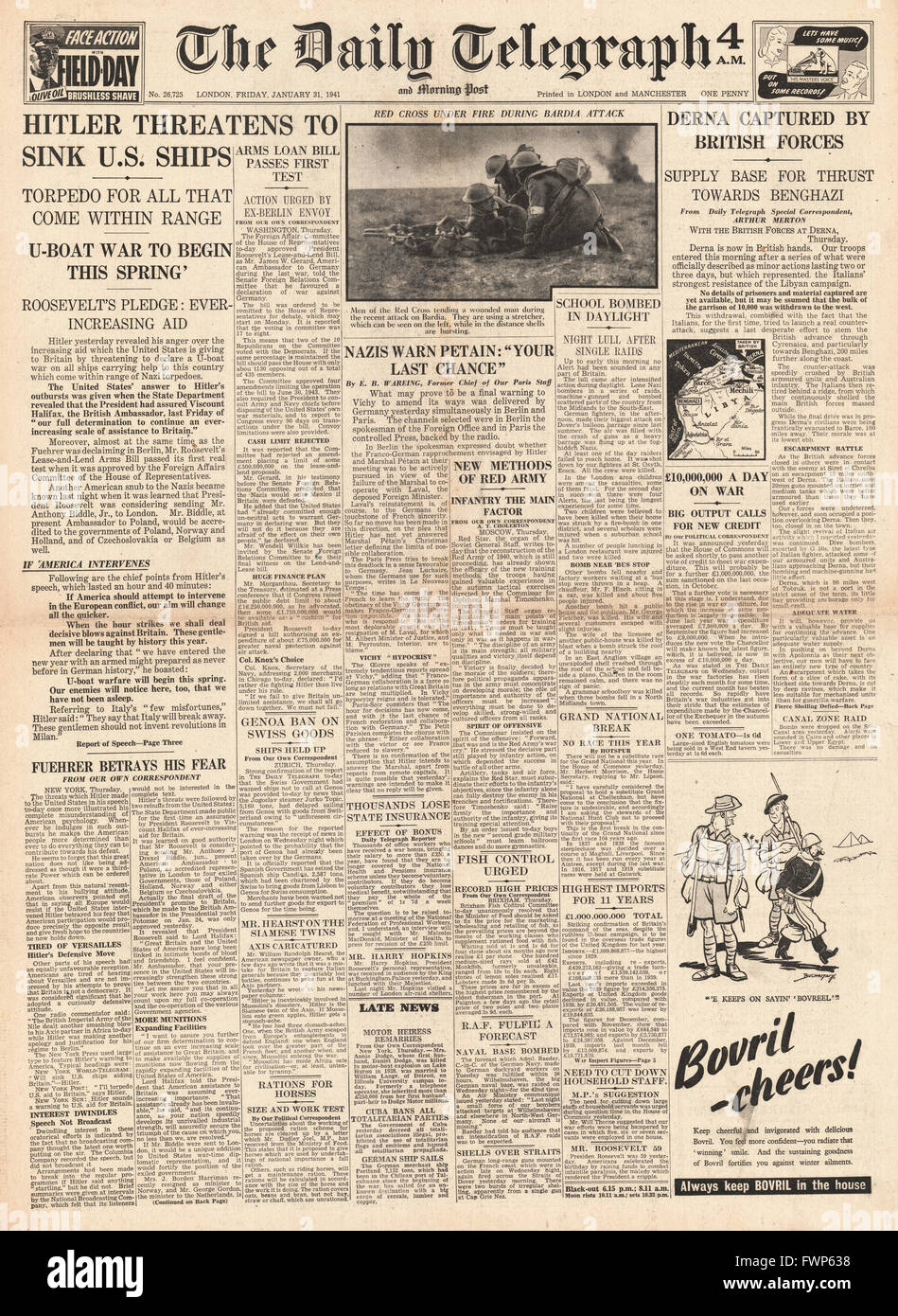 1941 front page Daily Telegraph Hitler threatens US Shipping and Derna captured by Australian Forces Stock Photo