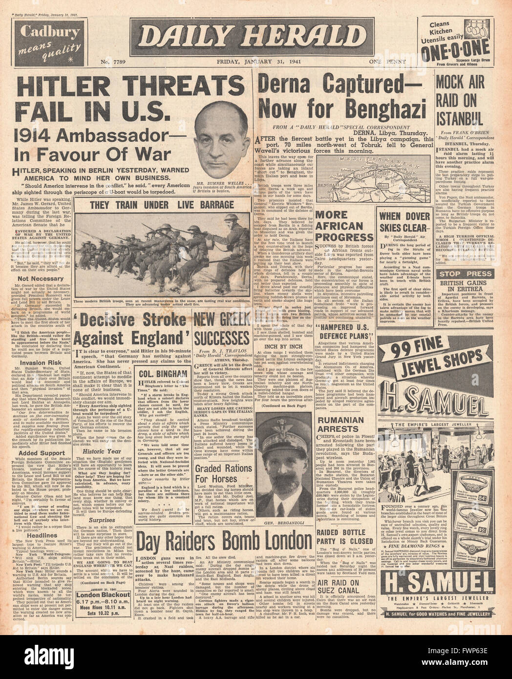 1941 front page Daily Herald Derna captured by Australian Forces Stock ...