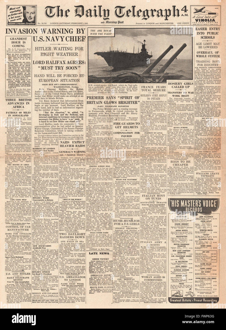 1941 front page Daily Telegraph Invasion of Britain Warning by U.S. Navy Chief Stock Photo