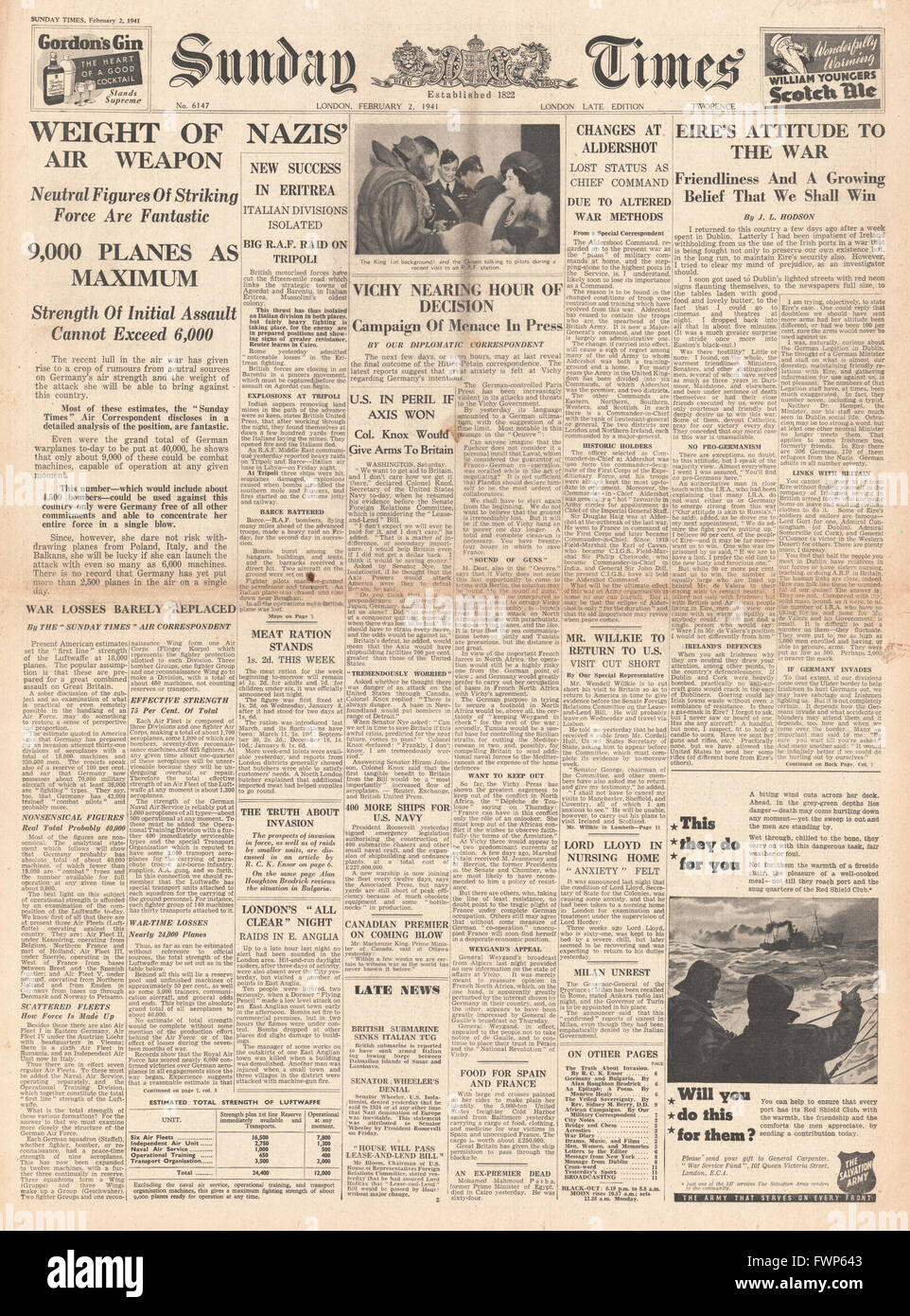 1941 front page Sunday Times Report on strength of German Airforce Stock Photo