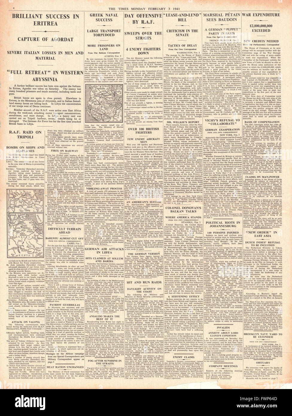 1941 page 4 The Times British and Indian Forces capture Agordat Stock Photo