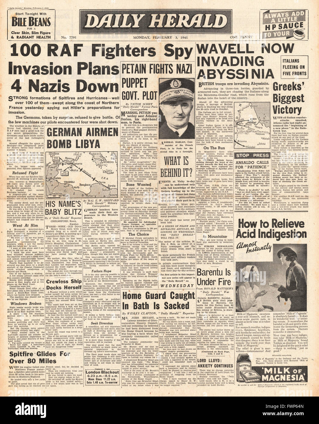 1941 front page Daily Herald RAF Fighters spy on German Invasion preparations Stock Photo