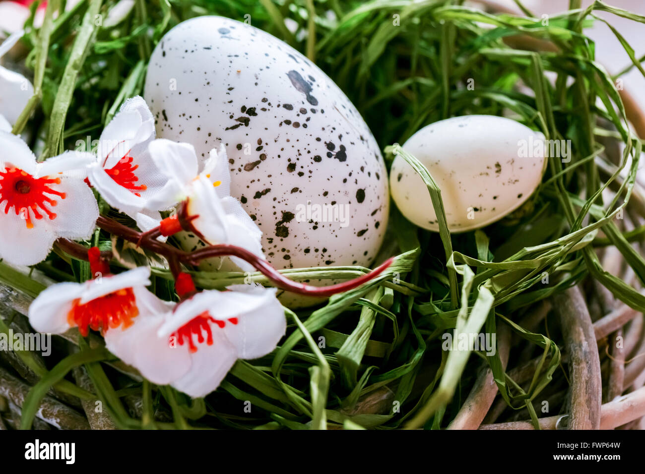 Beautiful Easter background with flowers and nest with eggs on white ...