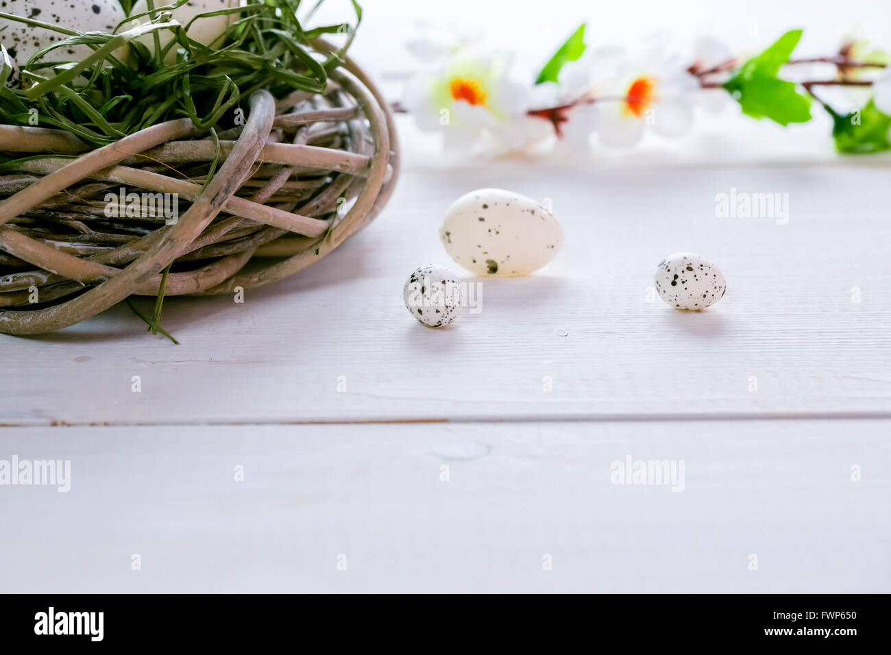 Beautiful Easter background with flowers and nest with eggs on the ...
