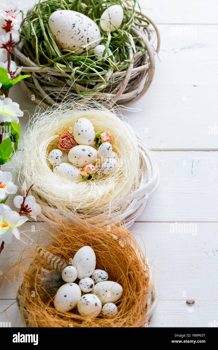 Beautiful Easter background with flowers and nest with eggs on white ...